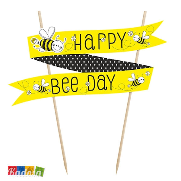 Cake Topper Ape Giallo e Nero con Scritta Happy Bee Day - Kadosa