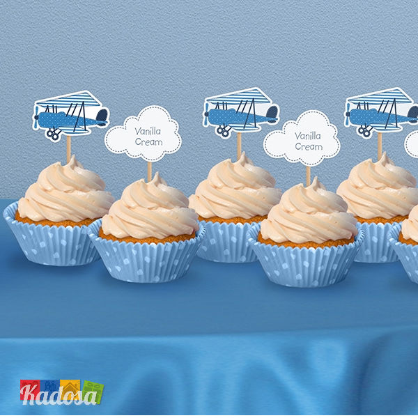Cupcake Topper Aeroplano Azzurri e Nuvolette Bianche Set 6 pz - Kadosa