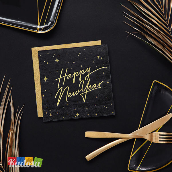 Tovaglioli Happy New Year Neri stelle Oro capodanno nuovo anno allestimento accessori festa party SP33-82-010-019ME - Kadosa